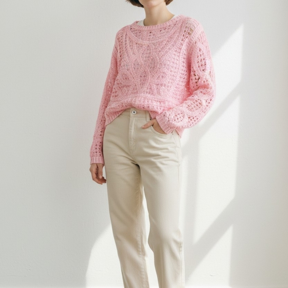 POL Crochet Squares Cropped Long Sleeve Top In Pink Sz OS Boho Knit NWOT